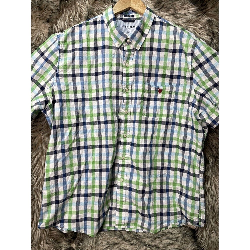 U.S. Polo Men's Green and Blue Plaid Short Sleeve Button‎ up Shirt Size 2Xl